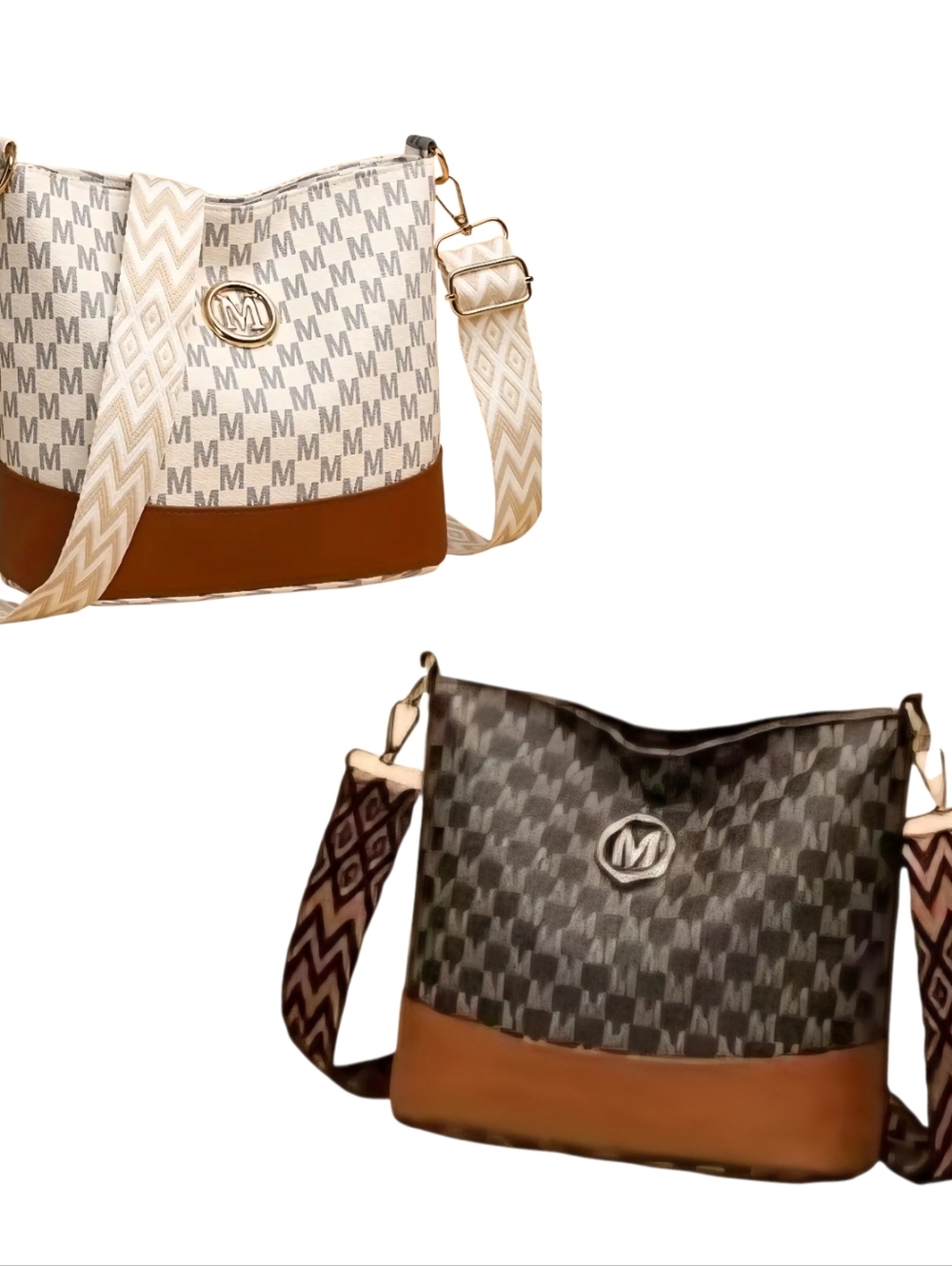 Monogram M White & Brown Shoulder Bag with Adjustable Strap